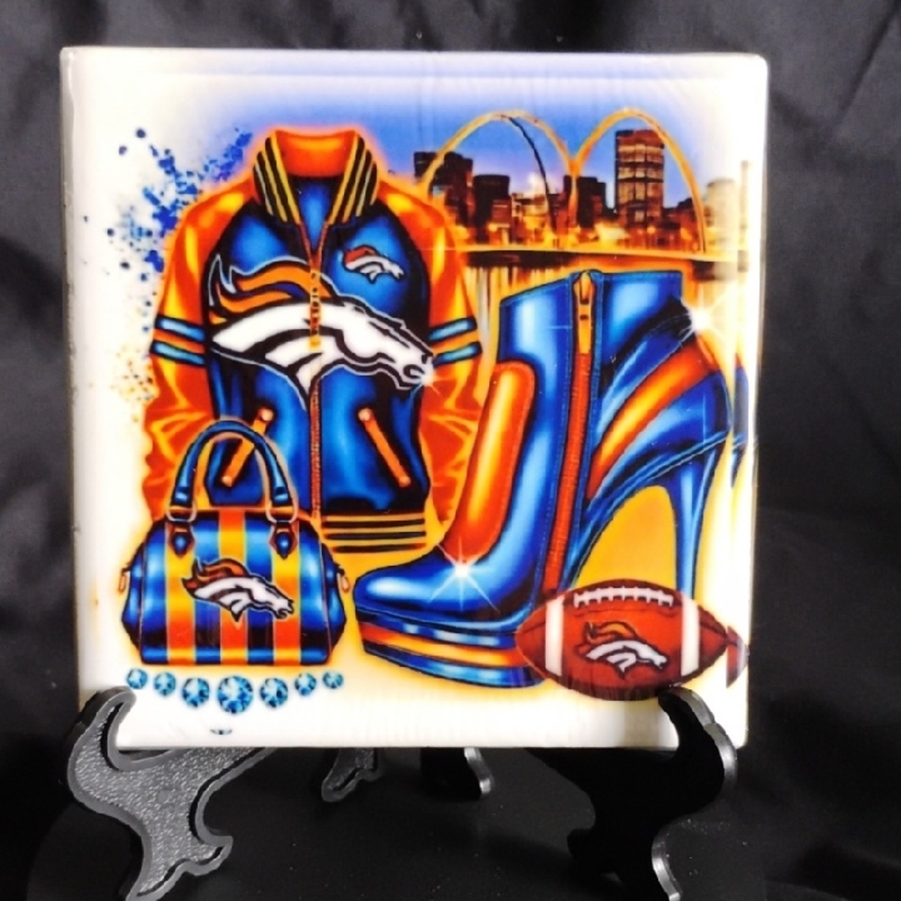 Hand Crafted Blue and Orange Ceramic Art Tile